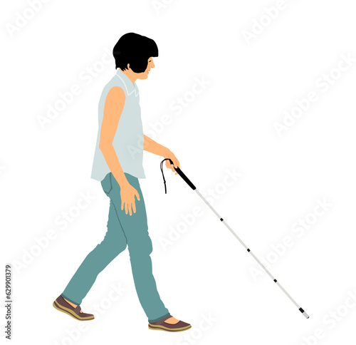 Blind person walking with stick vector illustration isolated on white background. Health care concept. Sightless woman with poor eyesight active life. Independent confident lady outdoor activity.