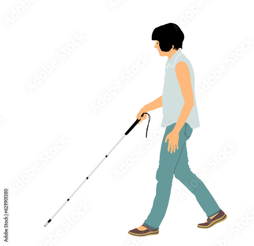 Blind person walking with stick vector illustration isolated on white background. Health care concept. Sightless woman with poor eyesight active life. Independent confident lady outdoor activity.
