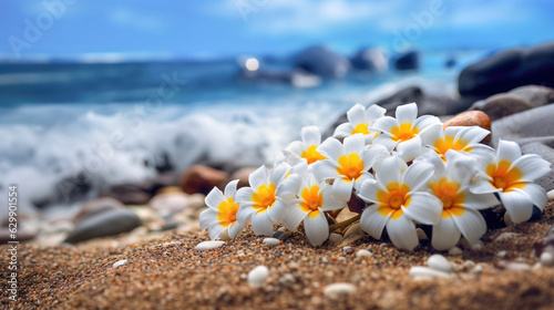 White flowers on tropical sea and beach blue sky background, Summer festive time. Rocks, waves, sea, ocean copy space background. Macro sand and flowers looks like Frangipani. © Екатерина Ракунова