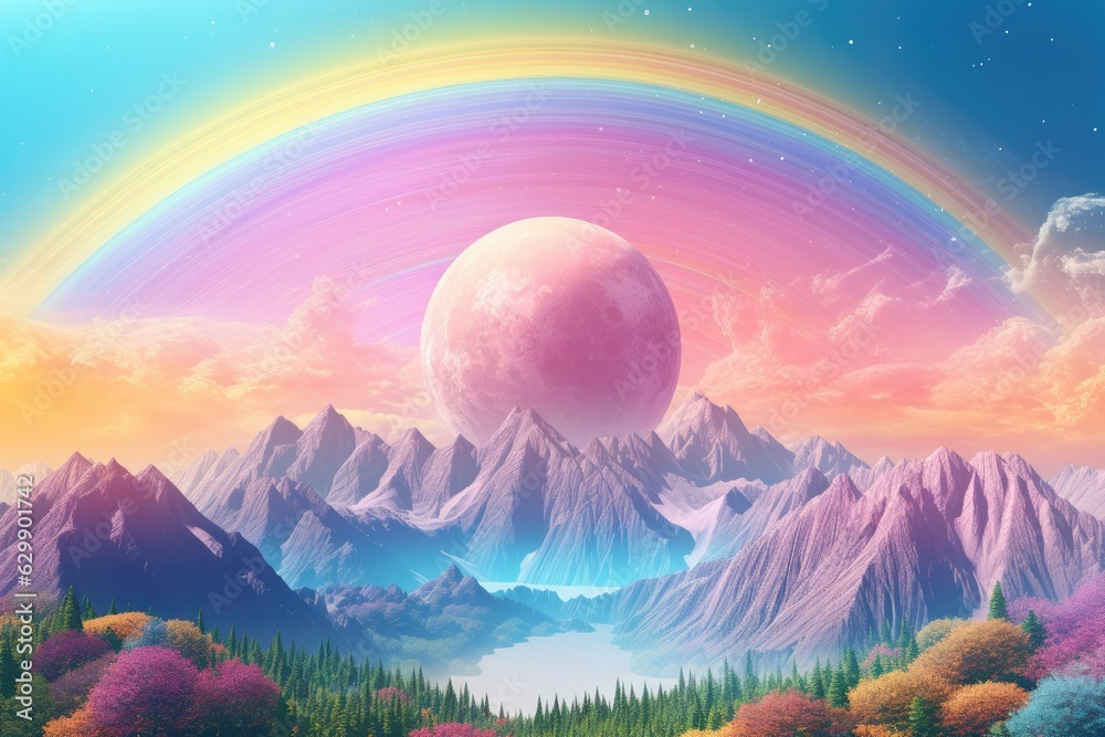 A planet in universe with other life , mountains, moon and rainbow in pastel colors. Generative Ai.