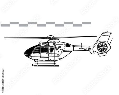 Eurocopter EC135, Airbus Helicopters H135. Vector drawing of light utility helicopter. Side view. Image for illustration and infographics.