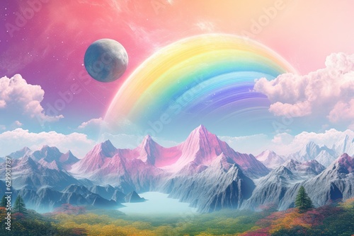 A planet in universe with other life   mountains  moon and rainbow in pastel colors. Generative Ai.