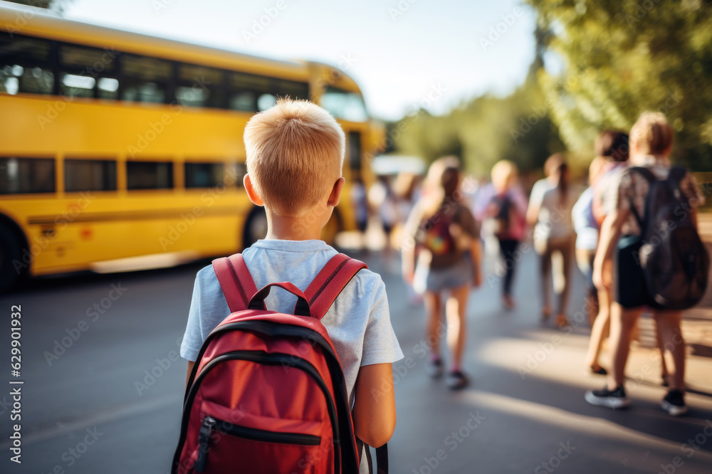 A school-aged boy walks toward a school bus. Back to school. Fictional person. Generated Ai A school-aged boy walks toward a school bus. Back to school. Fictional person. Generated Ai