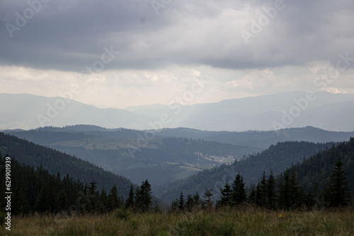 Mountain View. Cloudy weather in the mountains. Shades of blue in the mountains.