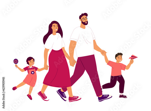 Happy family walking together.Mother,Father and Children, Daughter and Son spend time together.Family Loving and Warm relationships.Parents support their Children.Flat vector isolated illustration