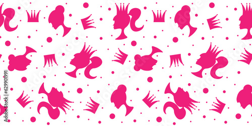 Seamless pattern with Pink girl in crown on white  background. Pink doll wallpaper concept. Vector art. Design for textile and bed linen prin with trendy pink girl.
