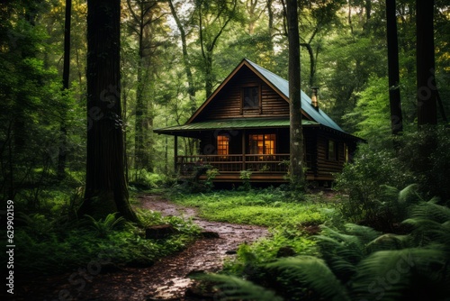 Rustic Cabin Nestled in a Peaceful Forest Clearing, Generative AI 