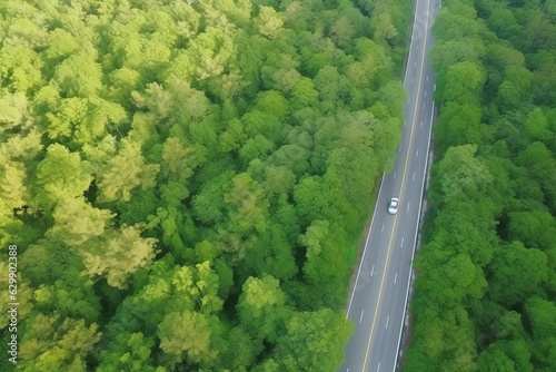 Aerial view asphalt road and green forest Forest road. Ai generative.