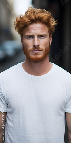 Man with red ginger hair wearing a white t-shirt (mockup)