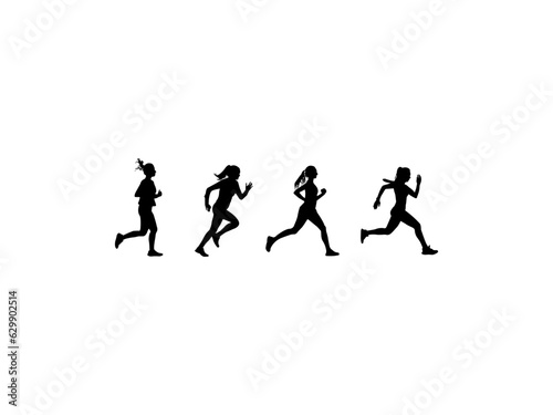 Set of women running action silhouettes. Healthy running, Silhouette female runner, Abstract running women. Sport run athlete girl. Female marathon jogging vector illustration.