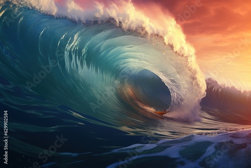 Blue Ocean big surfing Wave mixed digital. Ai generative.