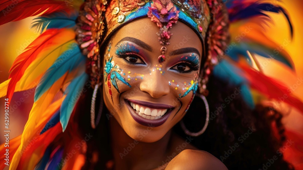 Brazilian woman wearing costume celebrating carnival. Generative AI.