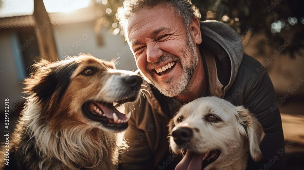 Caucasian man with his dogs. Pets love. Generative AI.