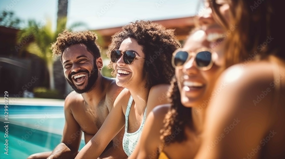 Multiracial best friends having fun at swimming pool. Generative AI.