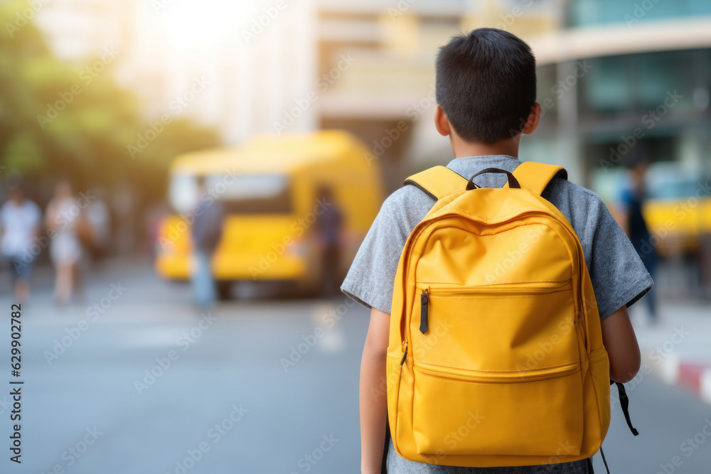 Elementary school-aged boy with backpack on his back walking towards school bus. Back to school. Fictional person. Generated Ai