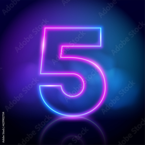 Purple vector neon tube number five with fog on dark background. Neon color glowing number