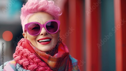 Pink hair mature Caucasian woman smiling and looking at camera. Generative AI. © Ladanifer