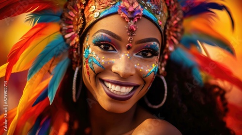 Brazilian woman wearing costume celebrating carnival. Generative AI.