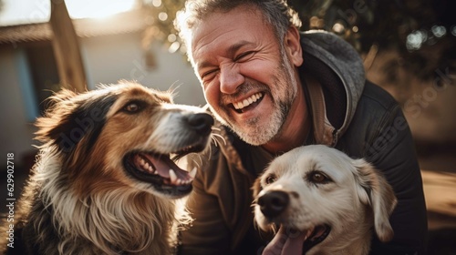 Obraz na płótnie Caucasian man with his dogs. Pets love. Generative AI. w salonie