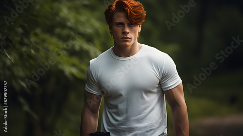 Man with red ginger hair wearing a white t-shirt (mockup) photo