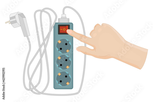 Electric extension and finger pressing the button on electric extension cord on white background. Hand using red lighting outlet switch on electric extension cord. Energy saving.Vector illustration