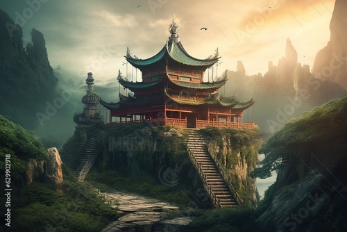 Fantasy background with mysterious ancient Chinese. Ai generative.