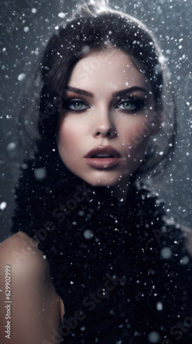 Attractive brunette with beautiful eyes and perfect make up. Winter colors. Falling snow effect. Christmas mood