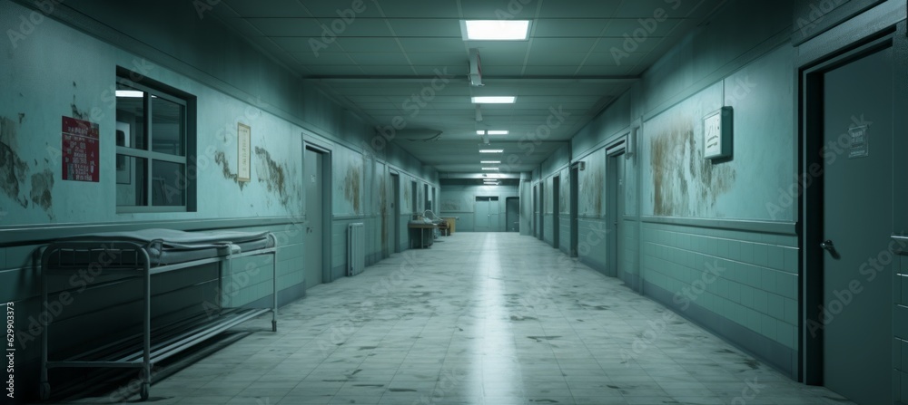 Spooky hospital corridor. Generative AI technology. Spooky hospital corridor. Generative AI technology.