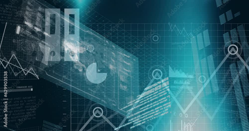 Animation of multiple icons over graphs, globe, loading bars, computer language on black background Animation of multiple icons over graphs, globe, loading bars, computer language on black background