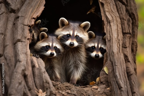 Three young raccoons scrambling over each other. Ai generative.