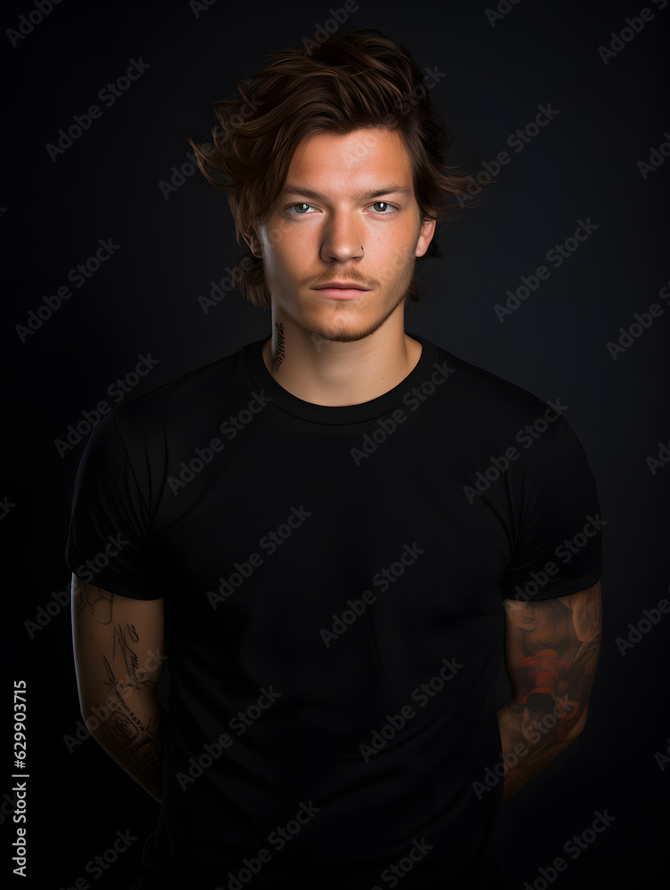 Man with shaggy brown hair and tattoos wearing black shirt (mockup)