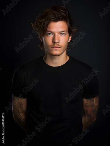 Man with shaggy brown hair and tattoos wearing black shirt (mockup)