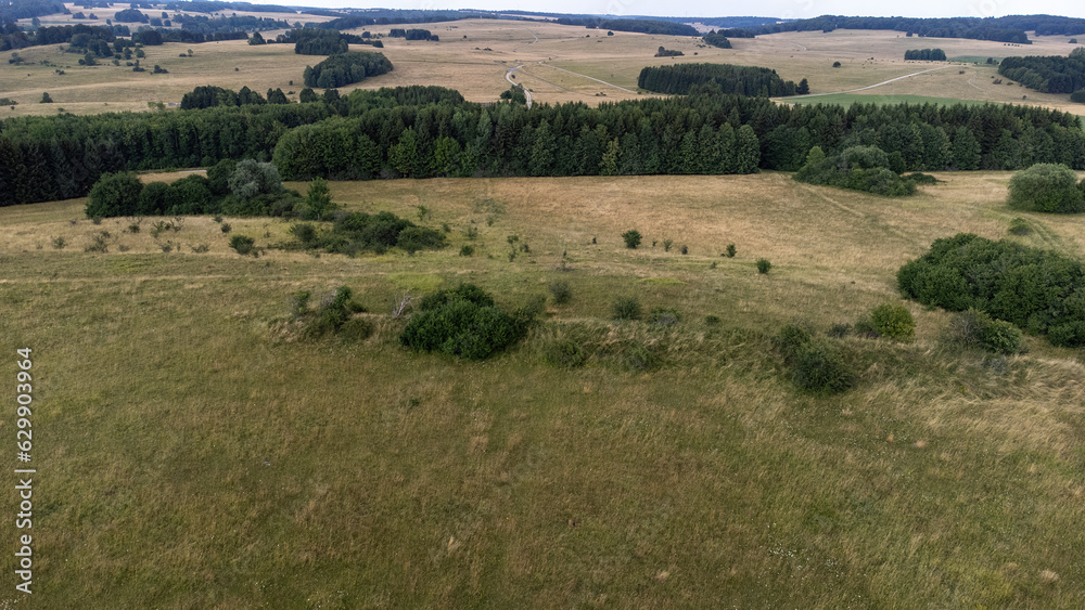 View over the former military training area at the Star Mountain Tower on the Swabian Jura from drone View over the former military training area at the Star Mountain Tower on the Swabian Jura from drone