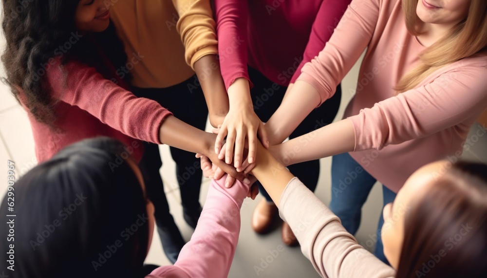 Group of diverse women put their hands together empowering Group of diverse women put their hands together empowering