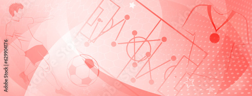 Abstract soccer background with a football player kicking the ball and other sport symbols in red colors