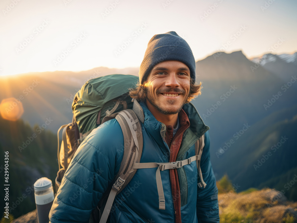 Young man hiking in the mountains wearing a grey toque, a down jacket, and a backpack at sunset, smiling at the camera. Mountains and valley are in the background and the sun is setting. 