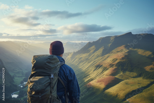 Young man hiking in the mountains wearing a hat, blue windbreaker and a backpack at sunset. He looks out at the mountains and valley in front of him.  © Paleta Images