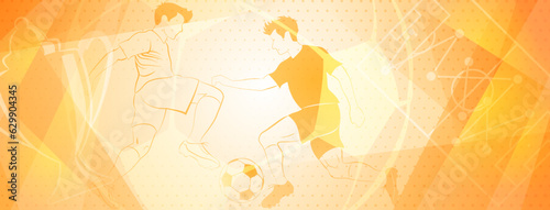 Abstract soccer background with a football players kicking the ball and other sport symbols in yellow colors