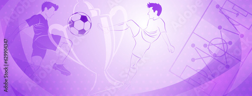 Abstract soccer background with a football players kicking the ball and other sport symbols in purple colors