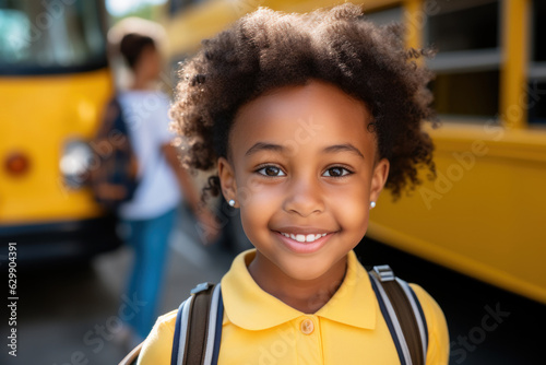 Portrait of smiling happy multi-ethnic elementary school girl with backpack on her back in the background of a school bus. A warm day. The girl dressed in her favorite t-shirt. Fictional person