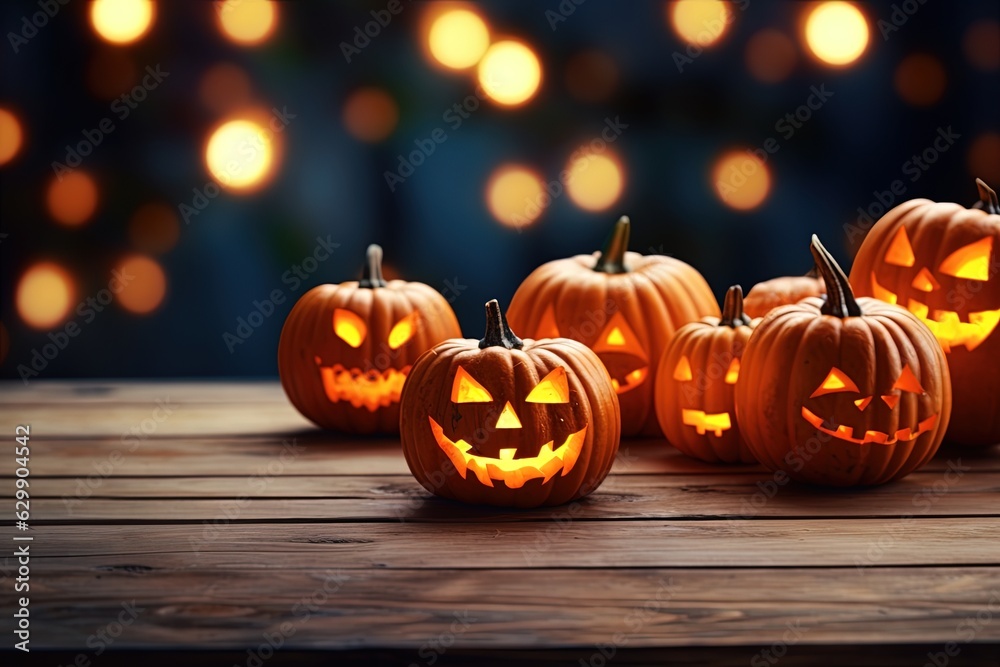Fototapeta premium Halloween pumpkins on wooden table with bokeh lights background.Generative Ai