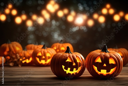 Halloween pumpkins on wooden table with bokeh lights background.Generative Ai
