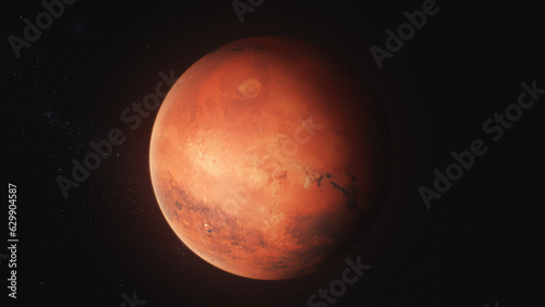 Realistic 3D animation of Mars rotating in dark outer space. Stars, galaxies in the background. Solar system planet. Future human colonization and universe exploration concept. Technological advance.