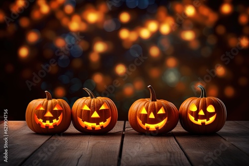 Halloween pumpkins on wooden table with bokeh lights background.Generative Ai © Rudsaphon