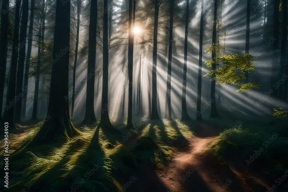 Sunlight shining through trees in misty forest