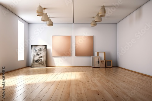 a white wall with two canvases  six spotlights  and a wooden floor. Concept for an exhibition  illustration. Generative AI