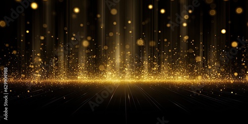 Glowing golden light effect on black background. Glittering abstract illustration. Luxury graphic design premium