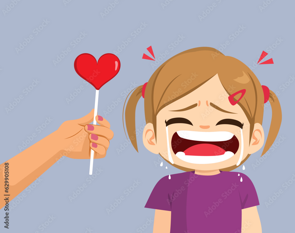 Vector illustration of a crying toddler girl receiving a heart shaped lollipop. Cartoon drawing of mother arm giving her spoiled crying daughter candy manipulation concept Vector illustration of a crying toddler girl receiving a heart shaped lollipop. Cartoon drawing of mother arm giving her spoiled crying daughter candy manipulation concept