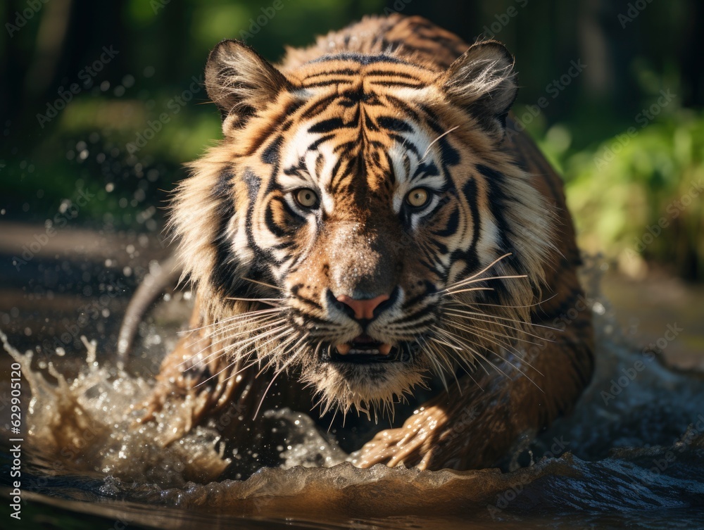 Wildlife tiger striped photography. Open eye black orange fur. Dangerous cat animal tropical jungle forest hunter close up photo