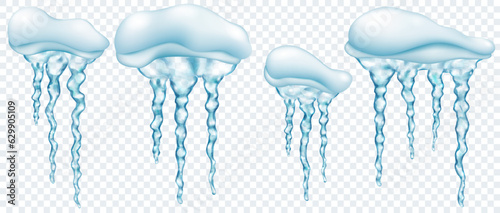 Set of snowdrifts with translucent gray realistic icicles of different lengths, isolated on transparent background. Transparency only in vector format